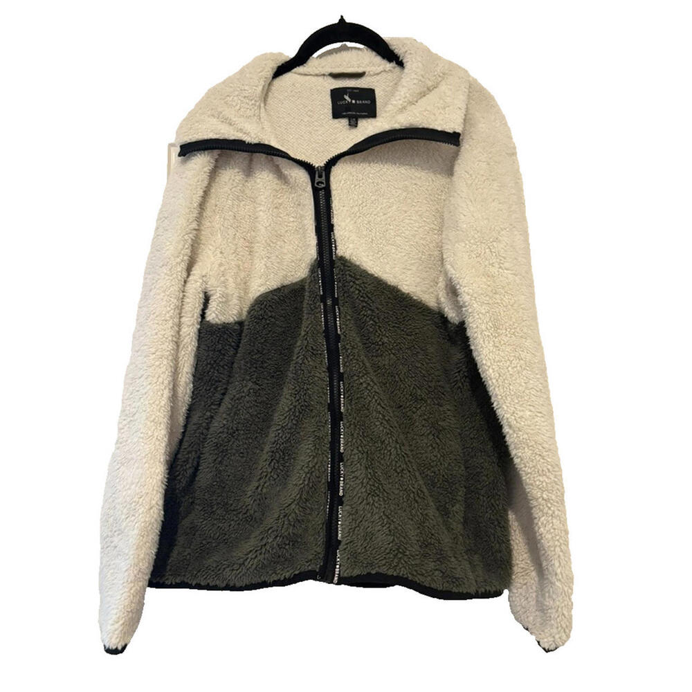Lucky Brand sz‎ L white and grey fleece zip up jacket collar fuzzy cozy #3036